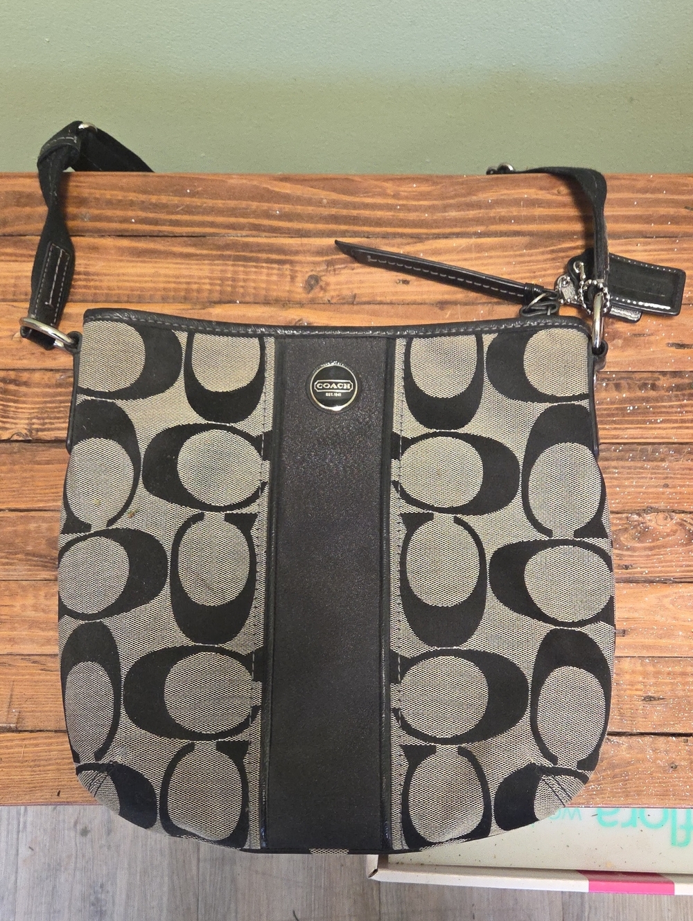 Coach Signature Canvas Crossbody Shoulder Bag in Black and Khaki